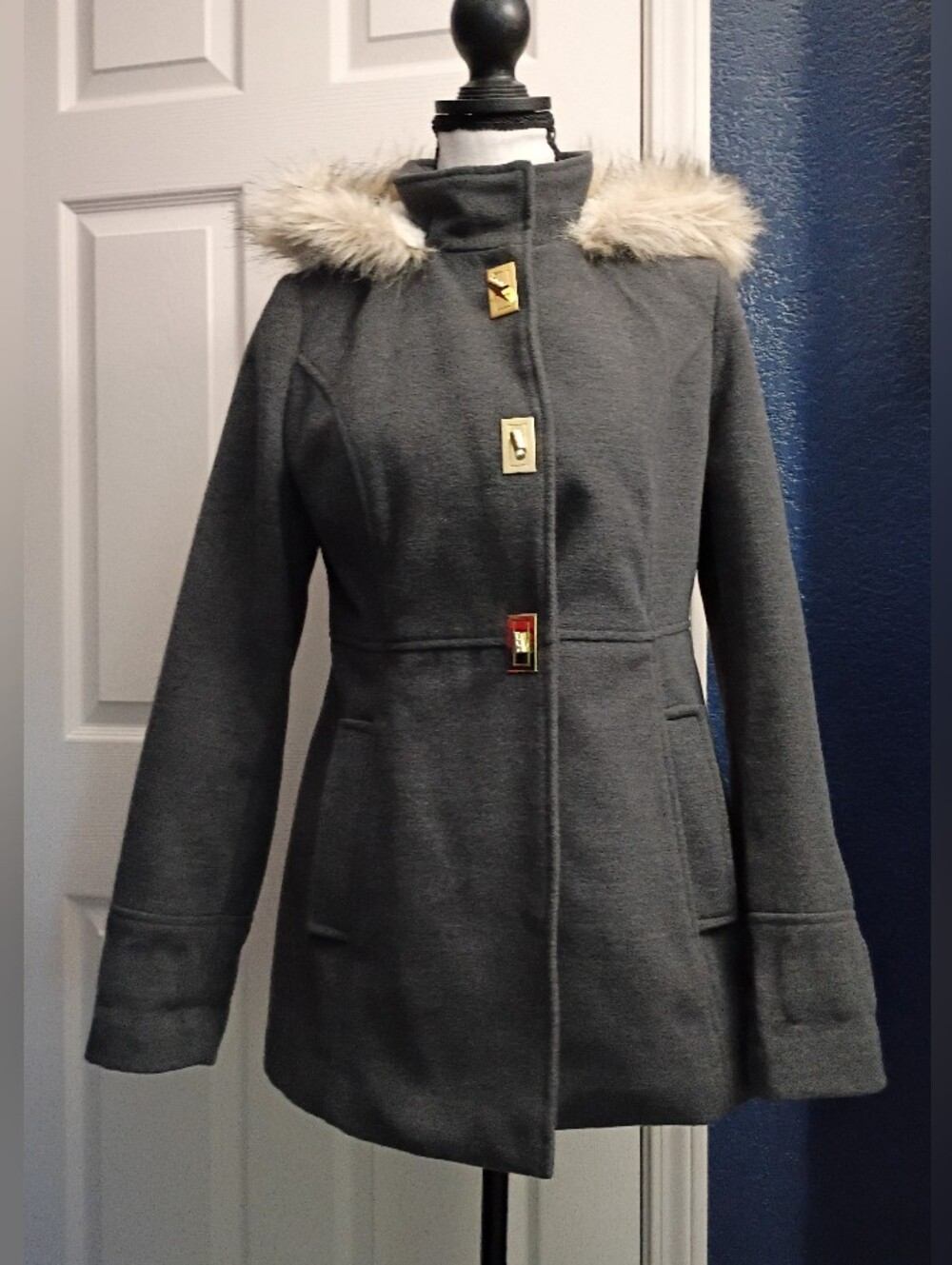 Maralyn & Me Charcoal Gray Wool-Blend Pea Coat with Faux-Fur Trim